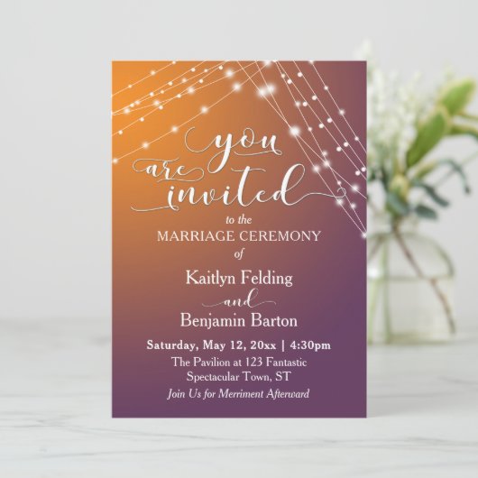 Oranje pruim ombre & lichte touwtjes bruiloft kaart (Staand voorkant)