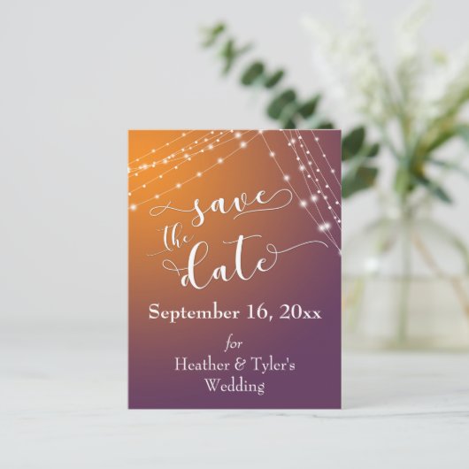 Oranje pruimenombre & lichte snaren Bewaar de datu Aankondigingskaart (Staand voorkant)