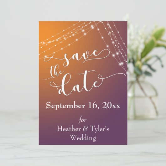Oranje pruimenombre & lichte snaren Bewaar de datu Save The Date (Staand voorkant)