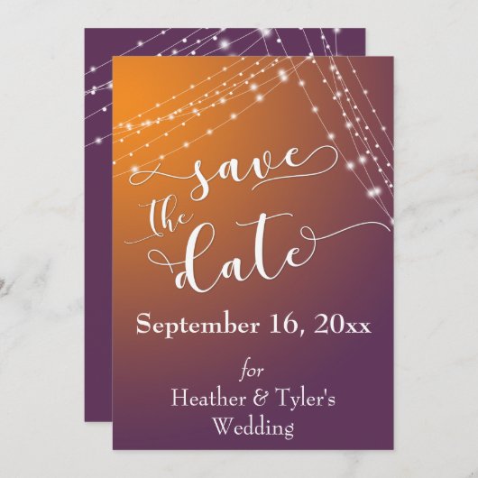 Oranje pruimenombre & lichte snaren Bewaar de datu Save The Date (Voorkant / Achterkant)