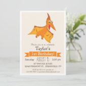 Oranje Pterodactyl Dinosaur Kind Verjaardagsfeest Kaart (Staand voorkant)