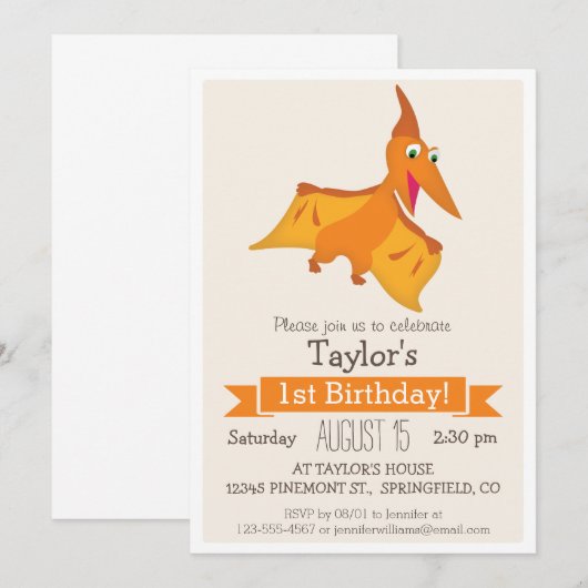 Oranje Pterodactyl Dinosaur Kind Verjaardagsfeest Kaart (Voorkant / Achterkant)