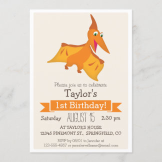 Oranje Pterodactyl Dinosaur Kind Verjaardagsfeest Kaart