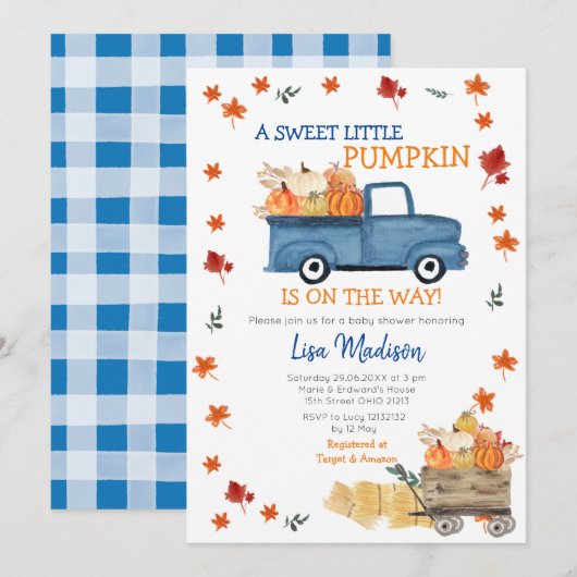 Oranje Pumpkin Truck Baby shower Girl Uitnodiging (Voorkant / Achterkant)