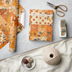 Oranje Quilt Gingham Cottagecore Bloem Cadeaupapier