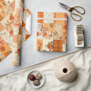 Oranje Quilt Gingham Cottagecore Bloem Cadeaupapier