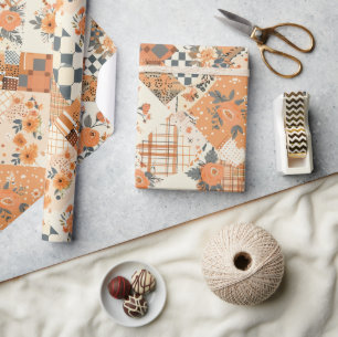 Oranje Quilt Gingham Cottagecore Bloem Cadeaupapier