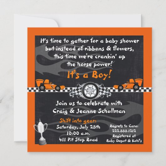 Oranje Race Baby Shower Invitaties Kaart (Voorkant)