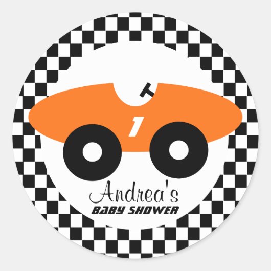 Oranje Race Car Baby shower Ronde Sticker (Voorkant)