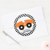 Oranje Race Car Baby shower Ronde Sticker (Envelop)