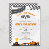 Oranje raceauto verjaardagsfeestje kaart (Voorkant / Achterkant)