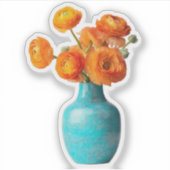 Oranje Ranunculus in Turquoise Vaas Sticker (Voorkant)