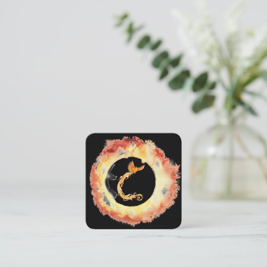 *~* Oranje Red Flame Phoenix Ring of Fire Black Vierkante Visitekaartje (Staand voorkant)