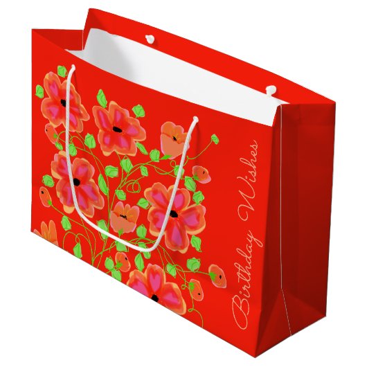 Oranje Red Floral Happy Birthday Gift Bag Groot Cadeauzakje (Voorkant Gekanteld)