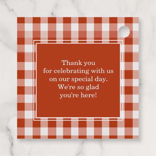 Oranje-Red Gingham Monogram Crest Custom Bedankjes Labels (Achterkant)