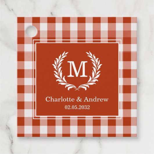 Oranje-Red Gingham Monogram Crest Custom Bedankjes Labels (Voorkant)