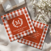 Oranje-Red Gingham Monogram Crest Custom Bedankjes Labels
