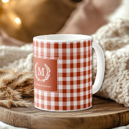 Oranje-Red Gingham Monogram Crest Custom Koffiemok