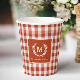 Oranje-Red Gingham Monogram Crest Custom Papieren Bekers