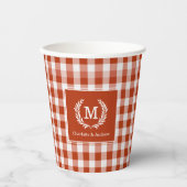 Oranje-Red Gingham Monogram Crest Custom Papieren Bekers (Voorkant)