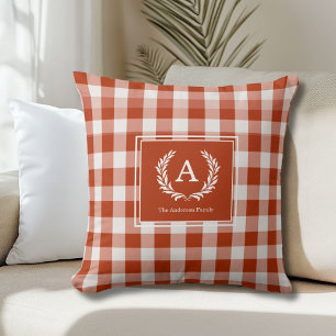 Oranje-Red Gingham Monogram Crest Kussen