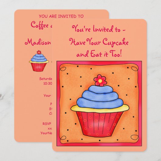 Oranje Red Whimsy Art Cupcake Party Uitnodiging (Voorkant / Achterkant)