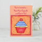 Oranje Red Whimsy Art Cupcake Party Uitnodiging (Staand voorkant)