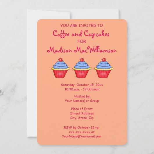 Oranje Red Whimsy Art Cupcake Party Uitnodiging (Achterkant)