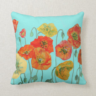 Oranje Red Yellow Poppy Waterverf Cushion Aqua Kussen
