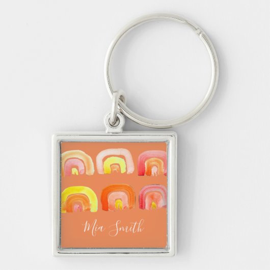 Oranje regenboog schattige retro-kunst sleutelhanger (Voorkant)