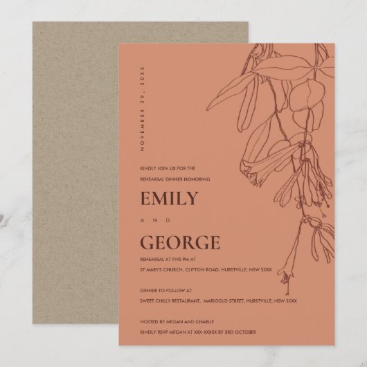 ORANJE REHEARSAL DINER INVITE VAN DE REUST MET ROE BEDANKKAART (Voorkant / Achterkant)