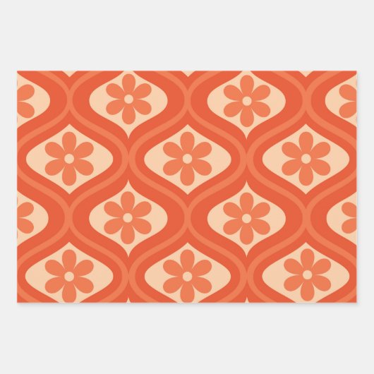 Oranje retro 70s bloem op ogee patroon inpakpapier vel (Voorkant 3)