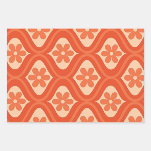 Oranje retro 70s bloem op ogee patroon inpakpapier vel (Voorkant 2)