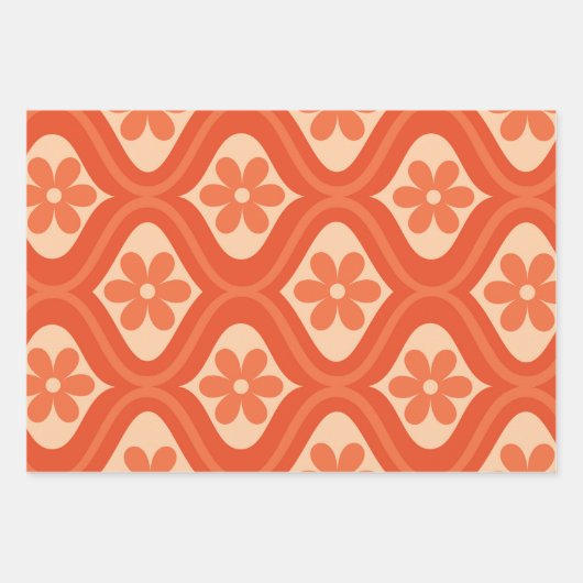 Oranje retro 70s bloem op ogee patroon inpakpapier vel (Voorkant)