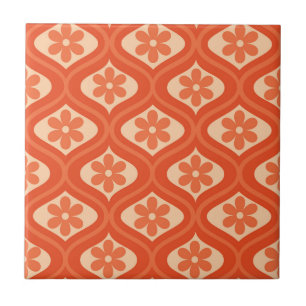 Oranje retro 70s bloem op ogee patroon tegeltje