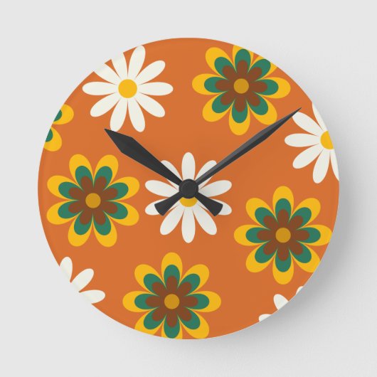 Oranje Retro 70s bloemen Ronde Klok (Voorkant)