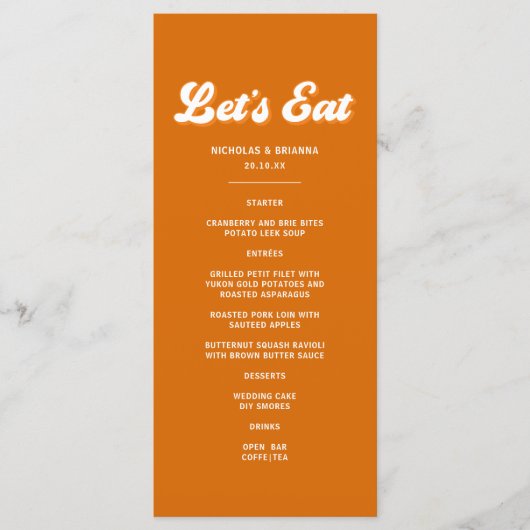 Oranje Retro 70s Boho Groovy Disco bruiloft Menu (Voorkant)