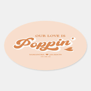 Oranje Retro 70s Boho Popcorn bruiloft gunst Ovale Sticker