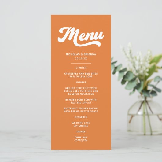 Oranje Retro 70s bruiloft Menu (Staand voorkant)