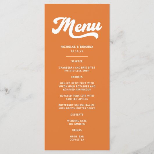 Oranje Retro 70s bruiloft Menu (Voorkant)