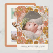 Oranje retro bloemenmeisje foto geboorte aankondig kaart (Voorkant / Achterkant)