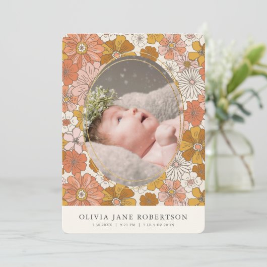 Oranje retro bloemenmeisje foto geboorte aankondig kaart (Staand voorkant)