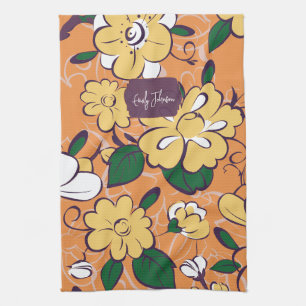 Oranje Retro Botanische Gele Bloemen Aangepaste Na Theedoek