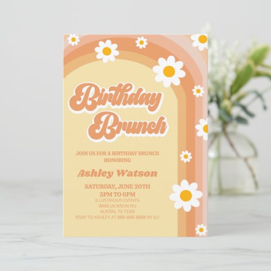 Oranje Retro Daisy Flower Verjaardagsbrunch Party Kaart (Staand voorkant)