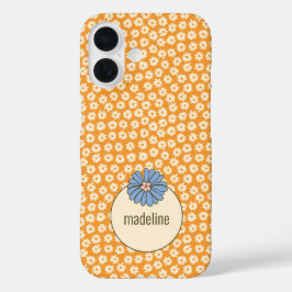 Oranje retro girly bloemenpatroon iPhone 16 hoesje