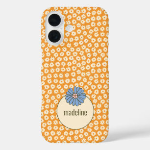 Oranje retro girly bloemenpatroon iPhone 16 hoesje