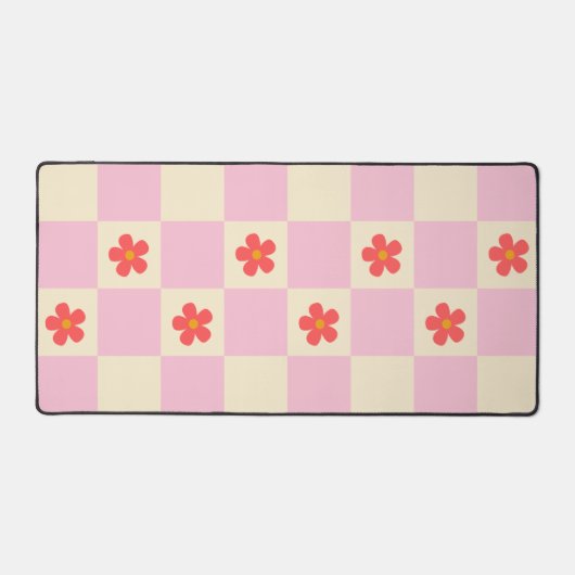 Oranje Retro Groovy Daisy Flower & Roze geruit Bureaumat (Voorkant)