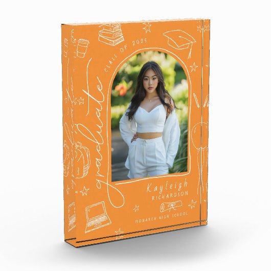 Oranje retro handgetekende Afstuderen fotoblok (Links)