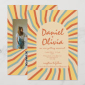 Oranje retro lijn met foto bruiloft kaart (Voorkant / Achterkant)