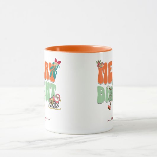 Oranje Retro Merry Bright Aangepaste naam Kerst Mok (Midden)